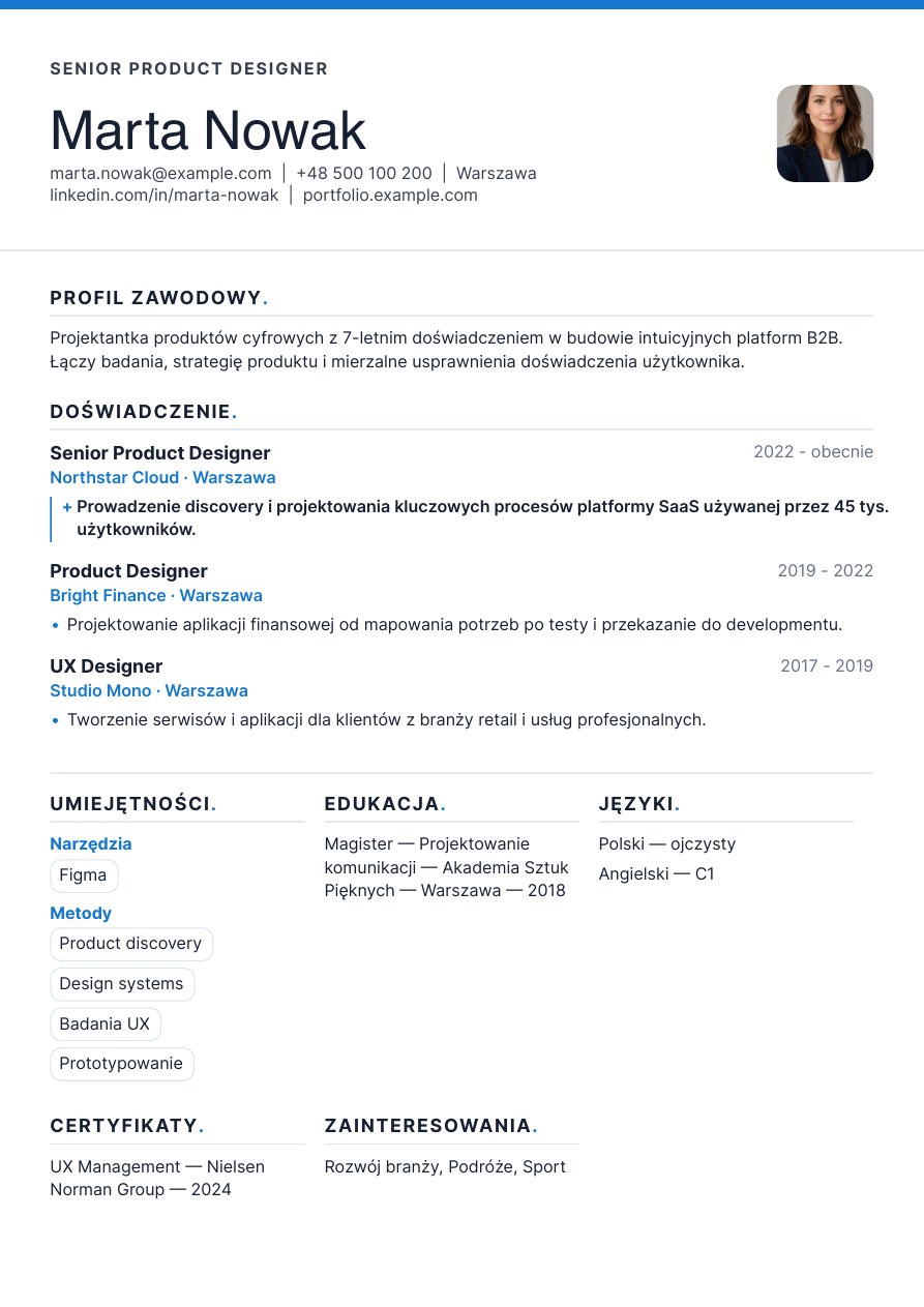 Przykładowe CV Marta Nowak w szablonie Przejrzysty: Standard